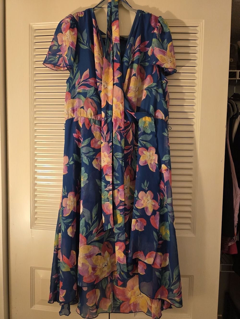 Blue Floral Midi Dress with Tie-waste